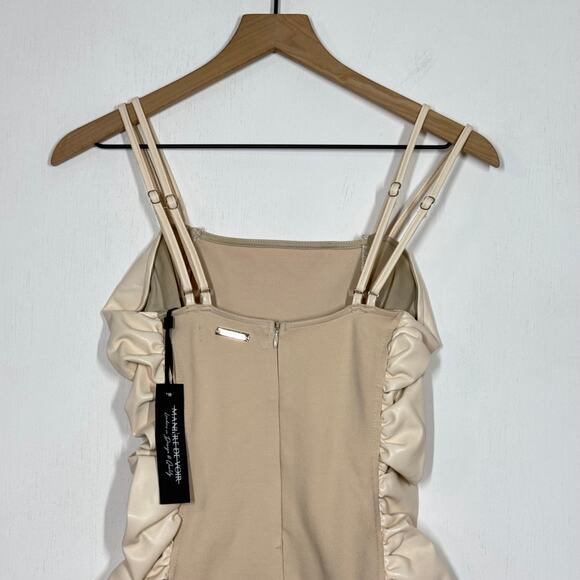 NEW Maniere de Voir Mini Dress Women's Size 8 Tan Faux Leather Ruched Side Party - Picture 6 of 10